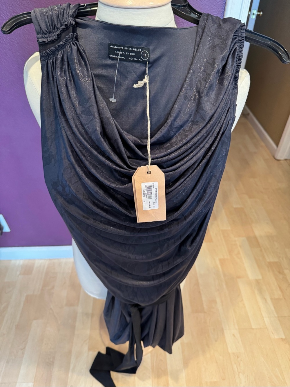 AllSaints Black Draped Sleeveless Jersey Dress